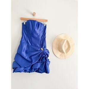 Cache | Y2K Satin Blue Strapless Bubble Hem Mini Prom Cocktail Vintage Dress | 4